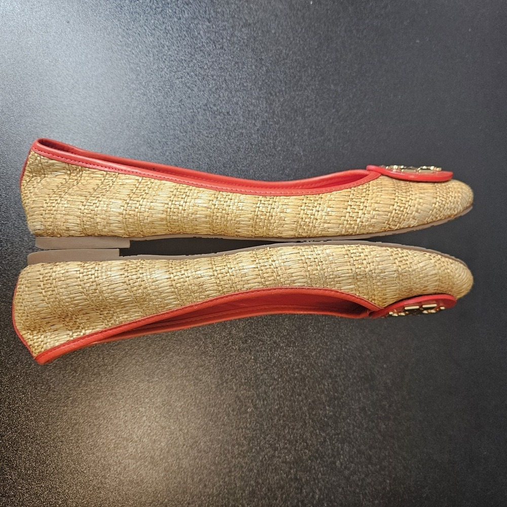 Tory Burch Reva Woven Raffia Ballet Flats Size 11 Double T Logo Red Trim - Picture 7 of 9